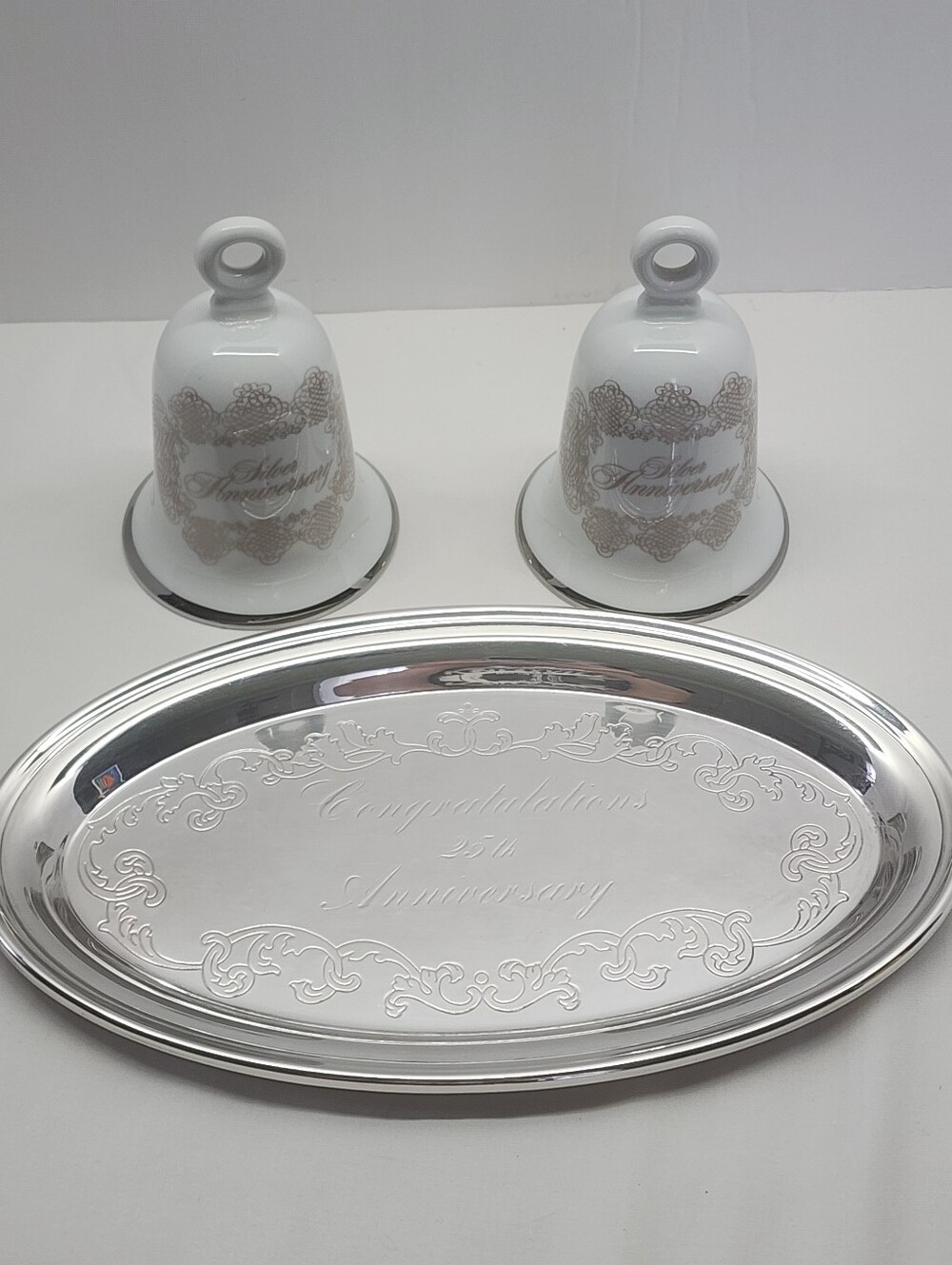 3pc Silver 25th Anniversary Gorham Trinket Tray & Goebel Bell Set